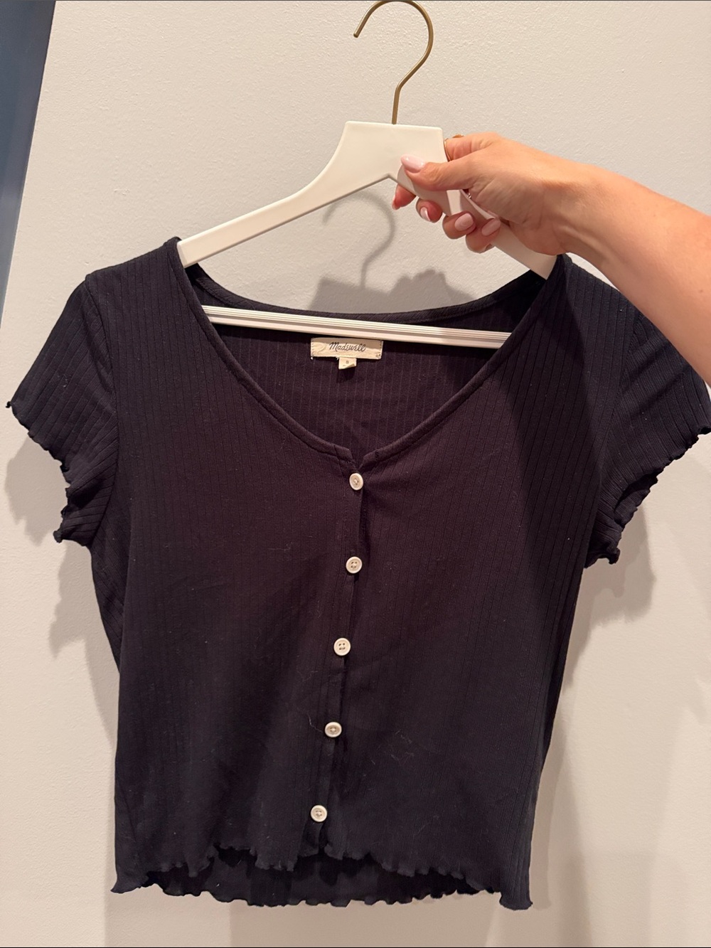 Madewell Black Ribbed V-Neck Button Crop Top